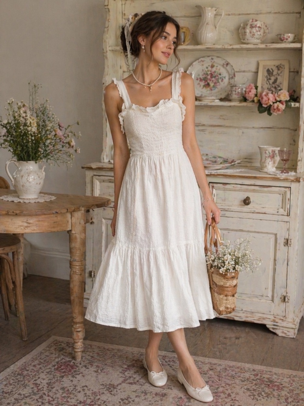 Eloquii cottage, core croquette, cotton White Midi Sundress with Ruffle Straps
